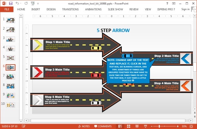 5 steps arrow diagram with road design