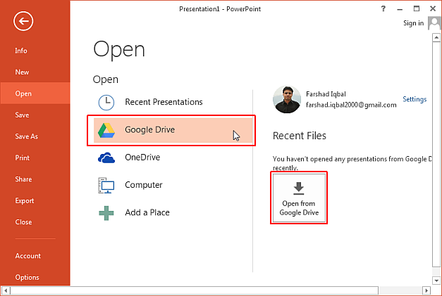 Access Google Drive files in PowerPoint