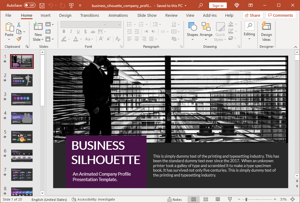 Animated business silhouette PowerPoint template