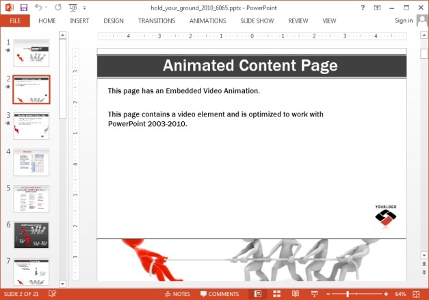 Animated content page with tug of war illustration