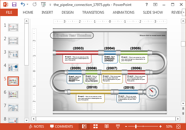 Animated timeline slide with pipes illustrations