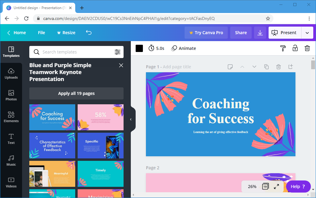 Canva web app for making presentations