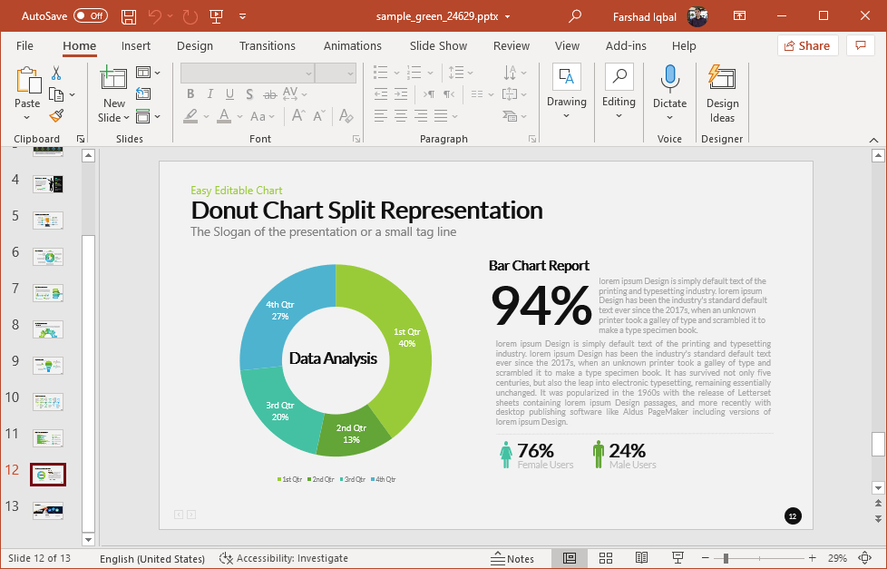 Donut chart slide with green graphics