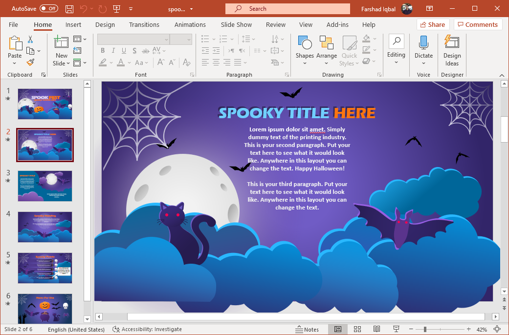 Flying bats, webs, full moon and black cat animation for PowerPoint