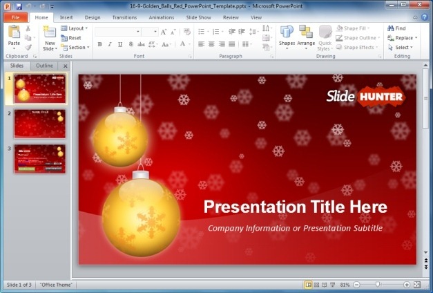 Free Widescreen Golden Balls Red PowerPoint Template