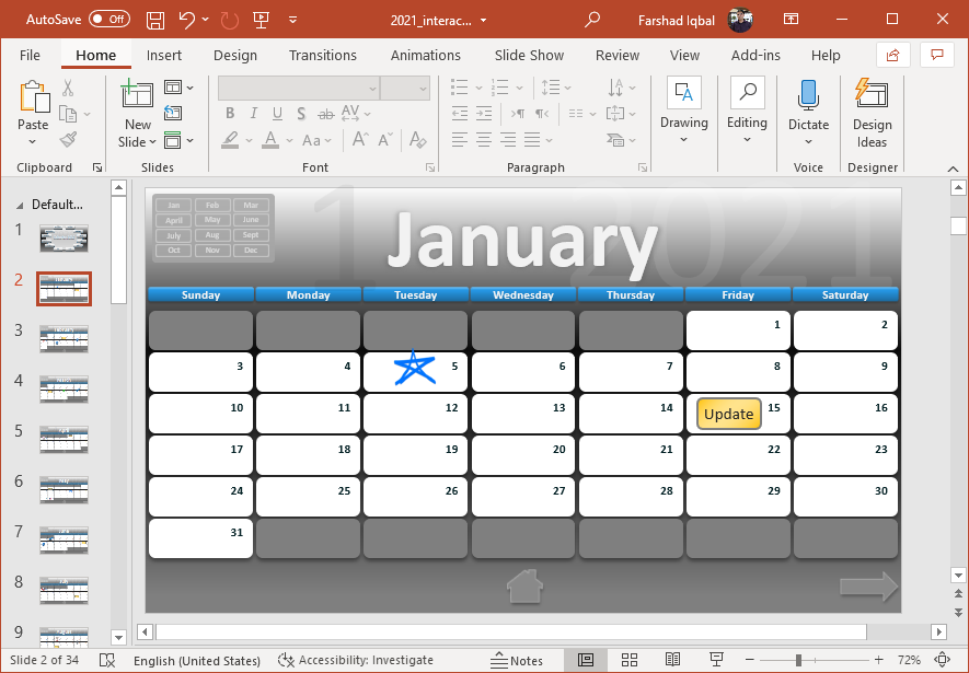 January calendar in PowerPoint