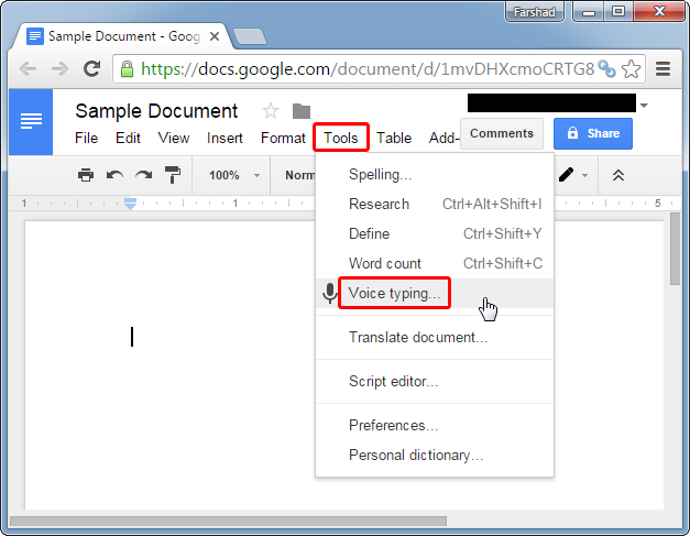 Launch voice typing in Google Docs