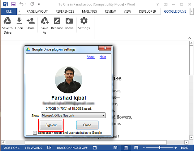 Log in and out of google account from MS Word