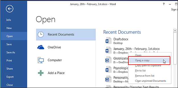 Open a copy of document in Microsoft Word 2013