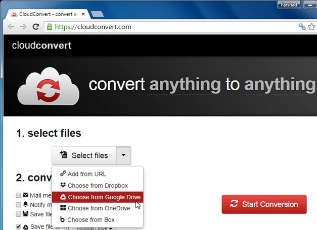 Select a file via CloudConvert