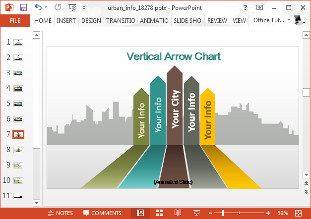 Vertical bar chart with city landscape