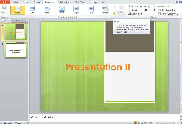 Example of animated transition in Microsoft PowerPoint presentations