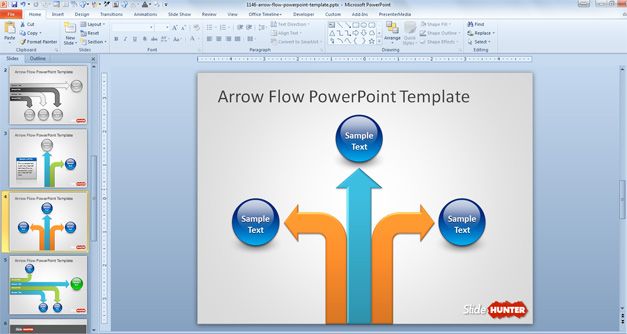 Arrow Flow PowerPoint template with vertical arrow style and layout combining spheres with captions and arrows for presentations