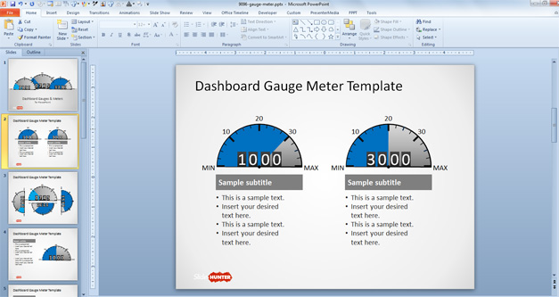 Two speedometer gauges for dashboards placed in two columns with editable textboxes and blue levels