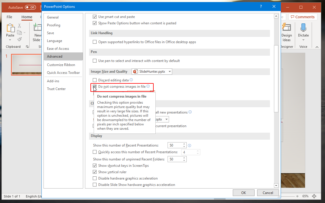 disable auto compression in powerpoint