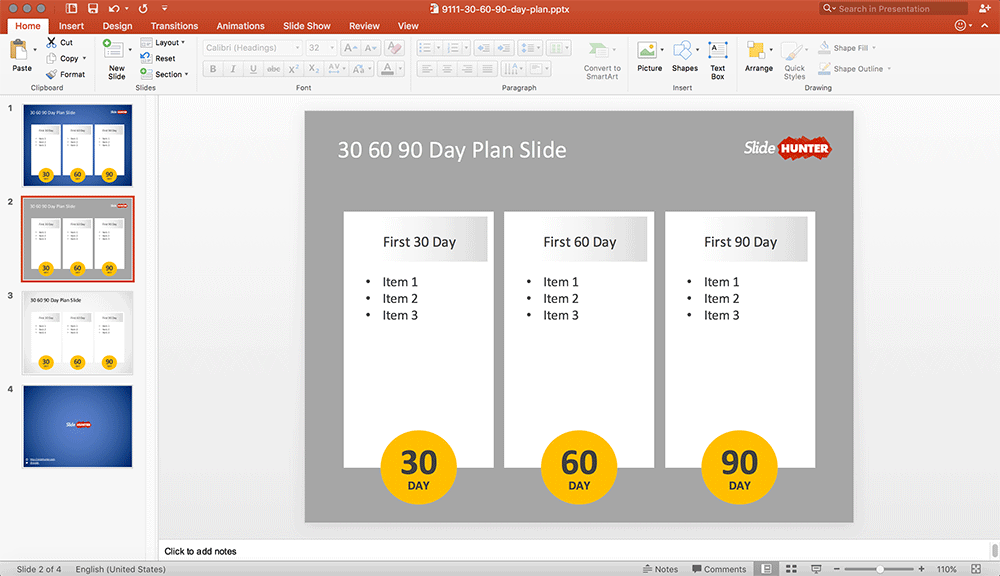 Free 30 60 90 day plan template for PowerPoint with 3 columns