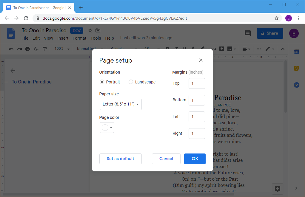 how to change margins in google docs