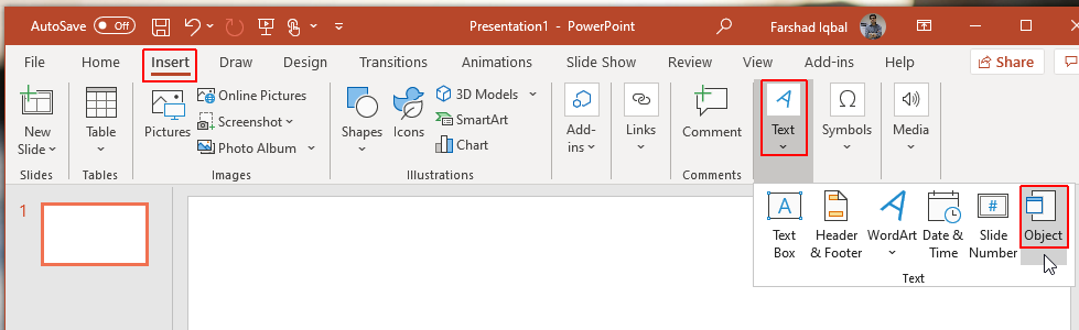 insert object in excel