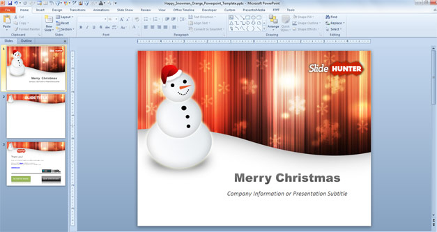 Merry Christmas PowerPoint template with Happy Snowman picture