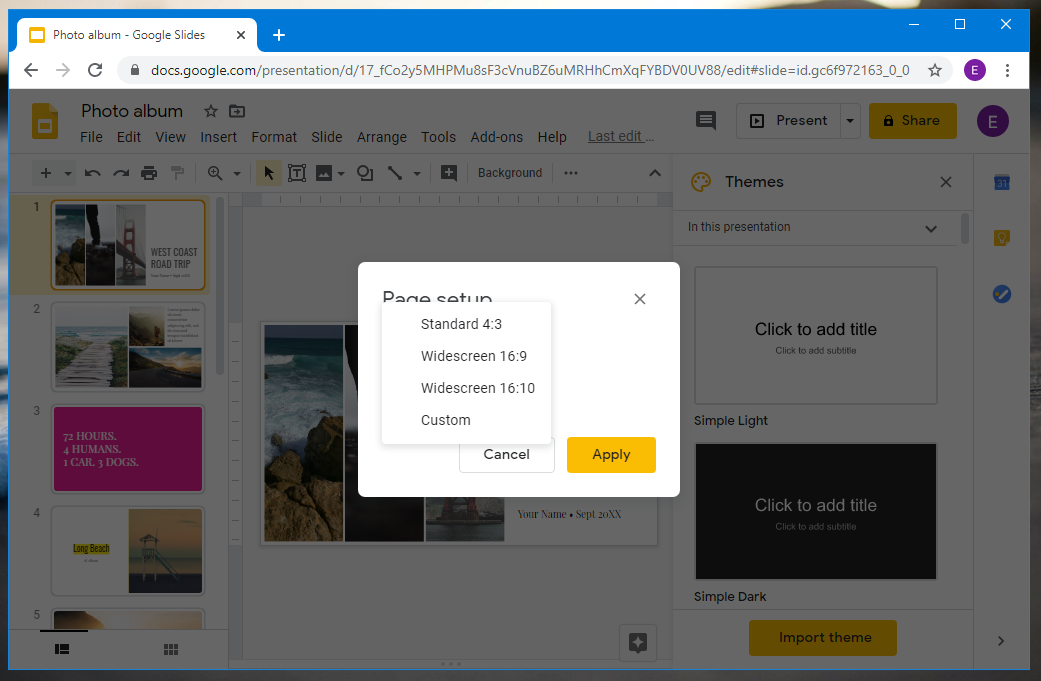 page setup in google slides