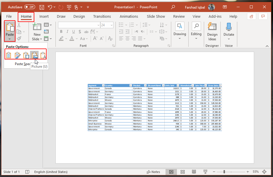 paste excel data in powerpoint