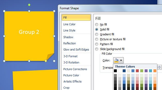 Choosing the post-it color in a PowerPoint slide.