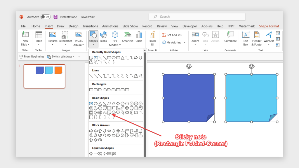 How to insert a post it in PowerPoint (sticky note) using shapes with rounded corner.