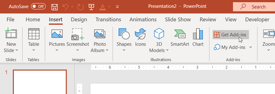 PowerPoint UI Interface showing Get Add Ins to install new Office addins