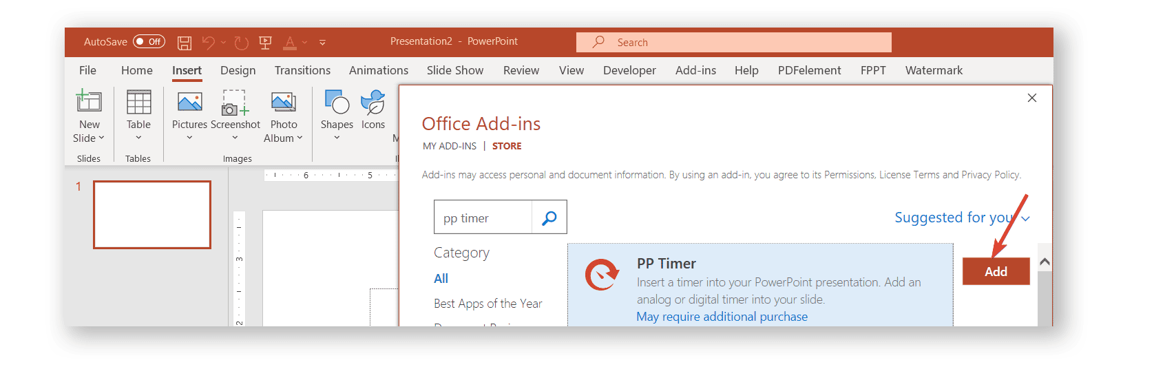 Add PPTimer from PowerPoint using Office Add Ins