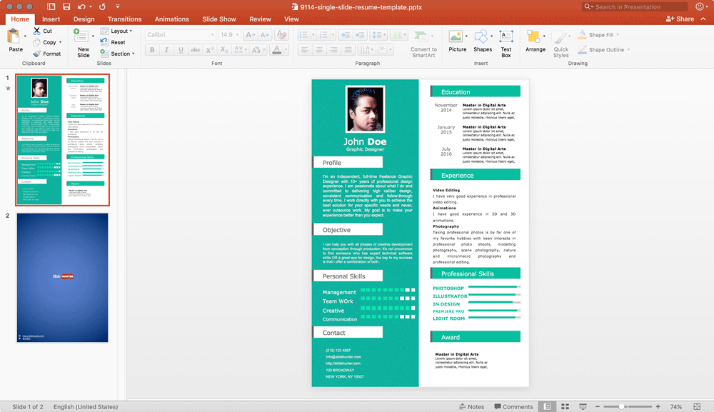 Example of a one-page Resume template for PowerPoint with an Infographic design