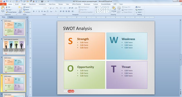 SWOT Analysis Slide Design with SWOT letters in the presentation template