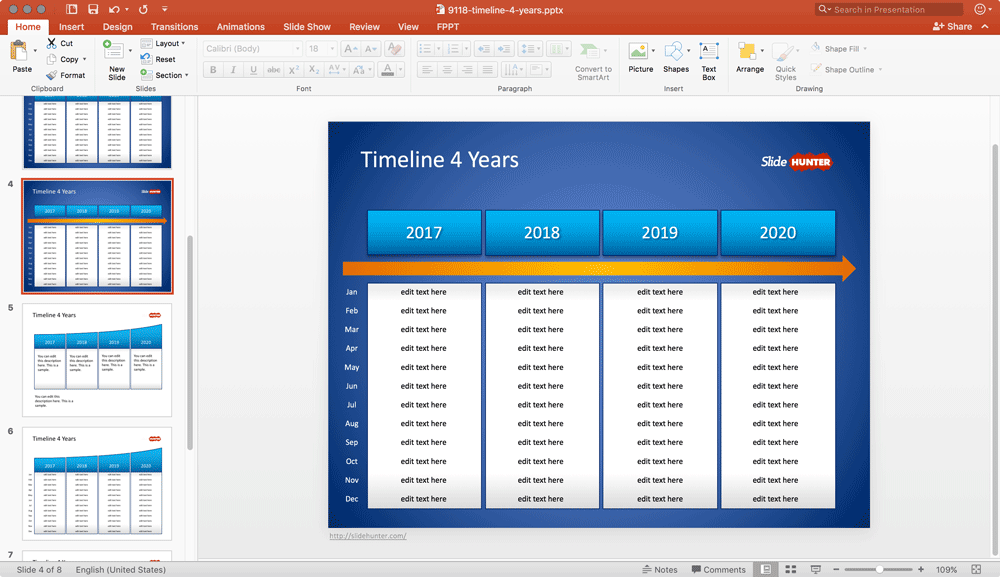 Timeline 4 Years for PowerPoint with 12 Months per Year