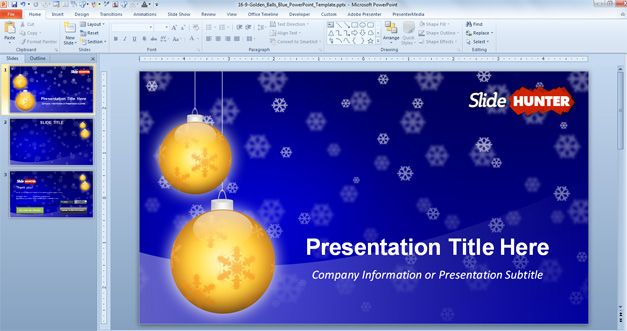 Widescreen Golden Balls PowerPoint Template for Christmas